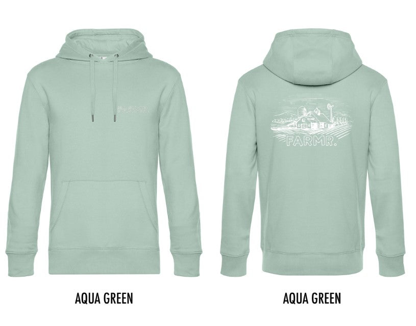 FARMR. Pastel Hoodie met wit landschap logo