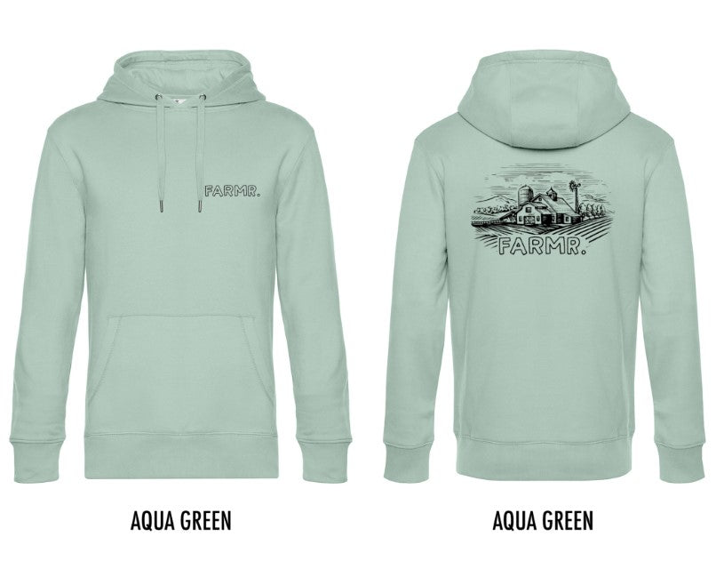 FARMR. Pastel Hoodie met zwart landschap logo