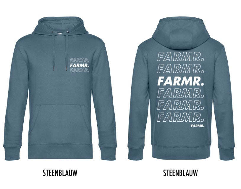 FARMR. Kleuren Hoodie met wit cursief logo