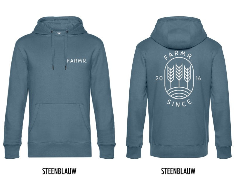 FARMR. Kleuren Hoodie met wit graan logo