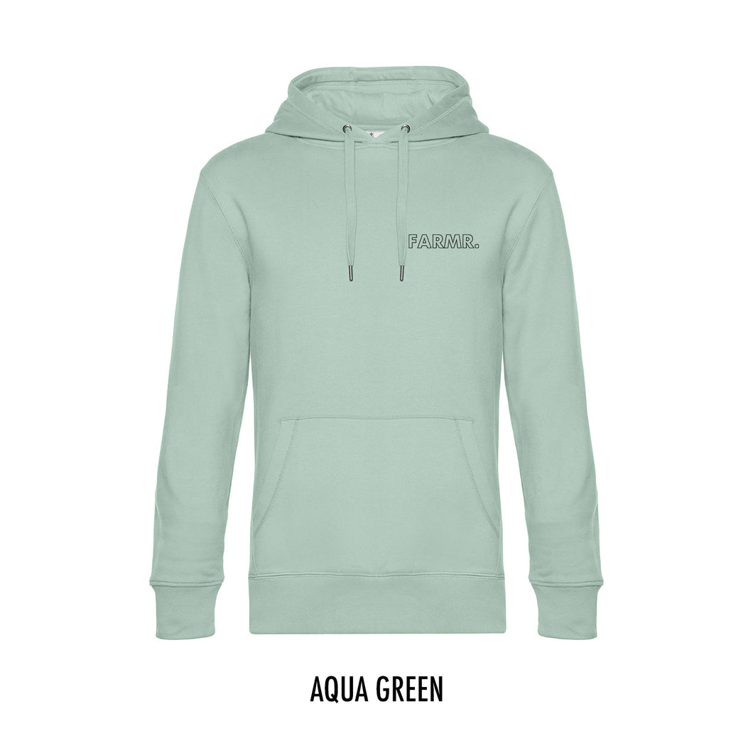 FARMR. Pastel Hoodie met kleine zwarte open letters