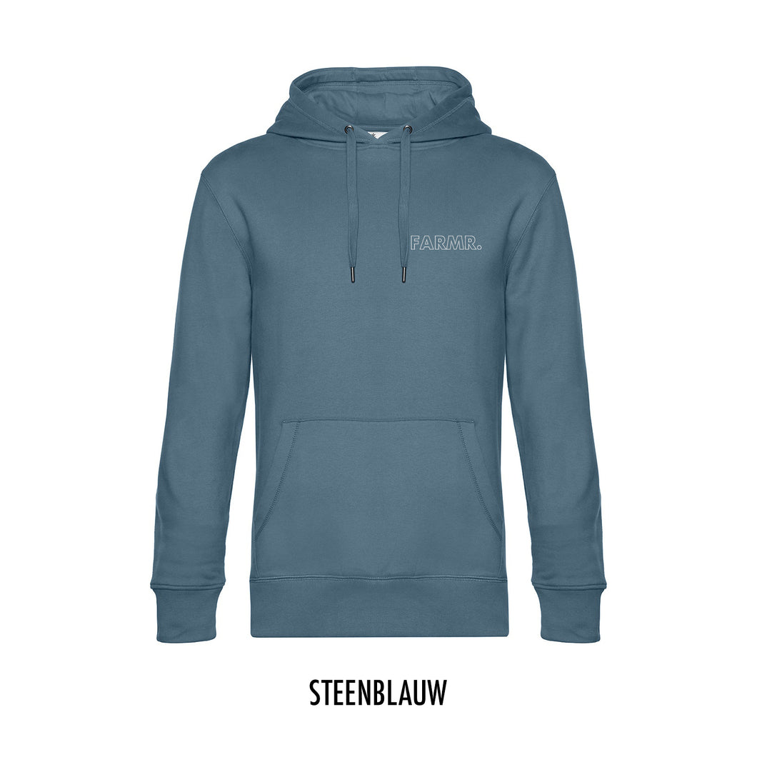 FARMR. Kleuren Hoodie met kleine witte open letters