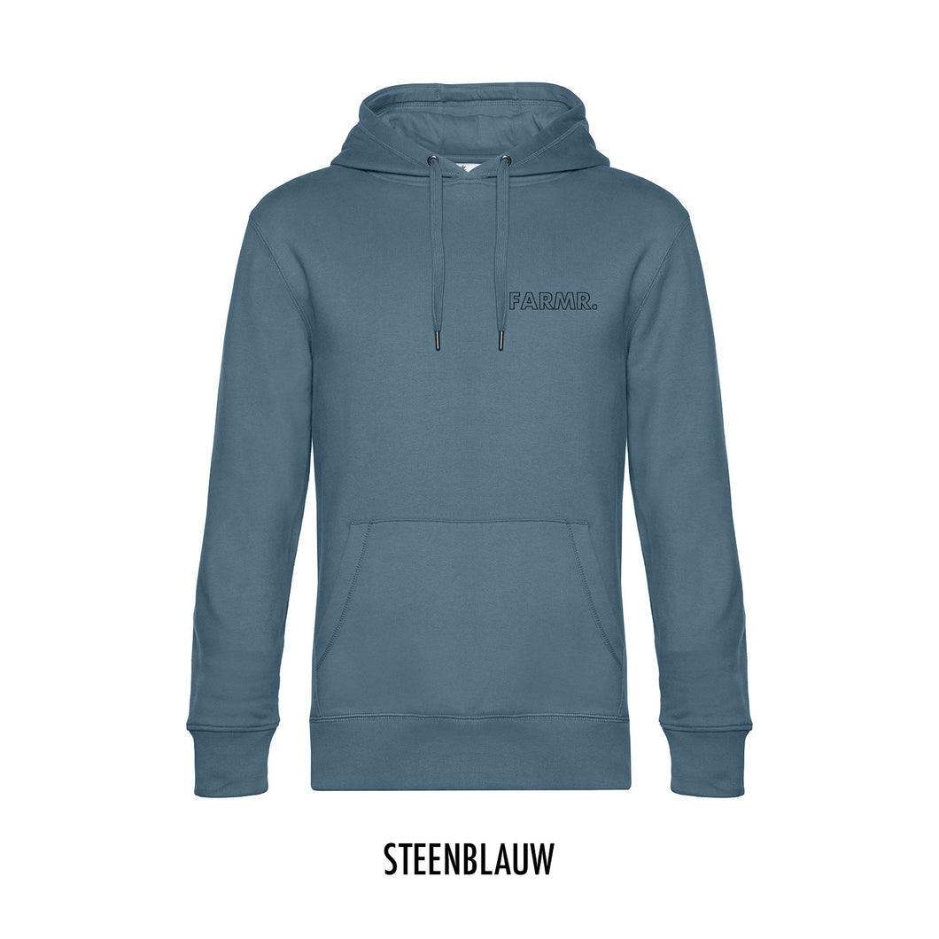 FARMR. Kleuren Hoodie met kleine zwarte open letters